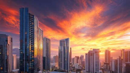 Fototapeta premium Breathtaking Cityscape at Sunset with Dramatic Sky and Reflections on Modern Skyscrapers in a Vibrant Urban Environment