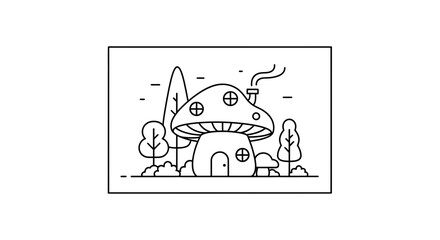 Fototapeta premium Whimsical Mushroom House with Smoke from Chimney, Forest Scene, Outline Illustration