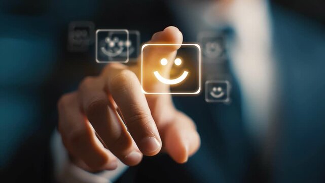 Customer satisfaction user experience feedback rating smiley face touchscreen hand interface technology finger pressing icon business service concept
