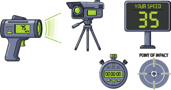 Traffic Speed Radar Gun and Camera Vector Icon Set with Digital Speed Limit Sign Stopwatch and Target Symbols for Law Enforcement Designs