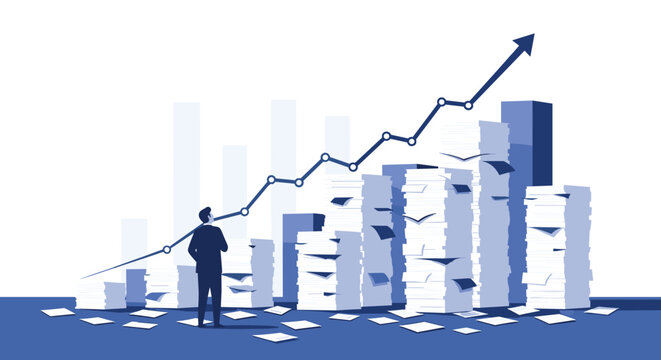 Businessman standing in front of huge piles of documents with an upward trending line chart representing successful data management.