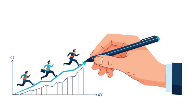 Huge hand using a pen to draw a rising growth chart with business people running up the slope representing guided success.