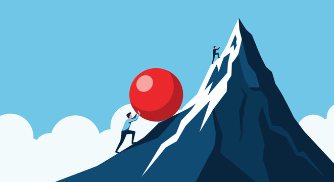 Determined businessman pushing a heavy red ball up a steep mountain while another person reaches for the snowy summit.