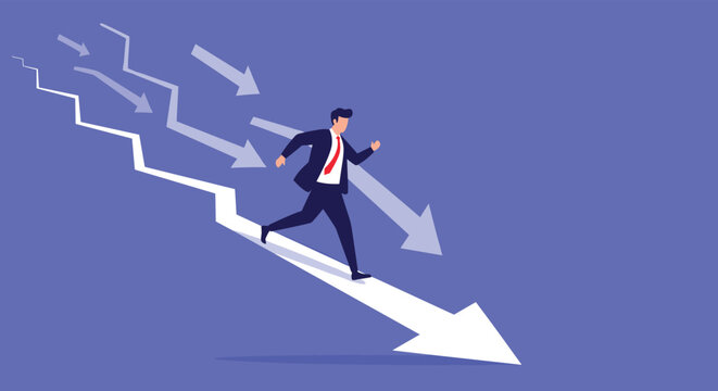 Worried businessman running down a large white arrow that is descending among several smaller blue arrows in the background.