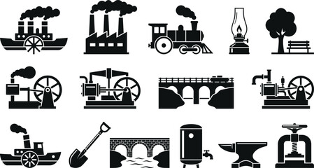 Industrial revolution and engineering icons collection, steam power illustration set, manufacturing infrastructure and mechanical heritage concept © VectoBloom