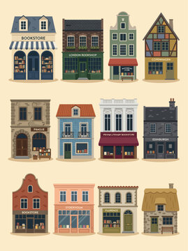 Set of Vintage Shop Facades and Historic European Architecture - Quaint Town Street Illustrations Vector Collection