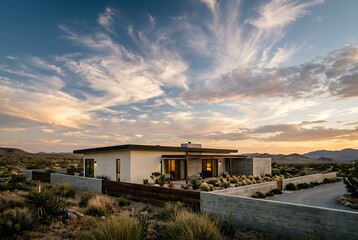 Obraz premium Modern luxury desert home with a stunning sunset sky and mountain views