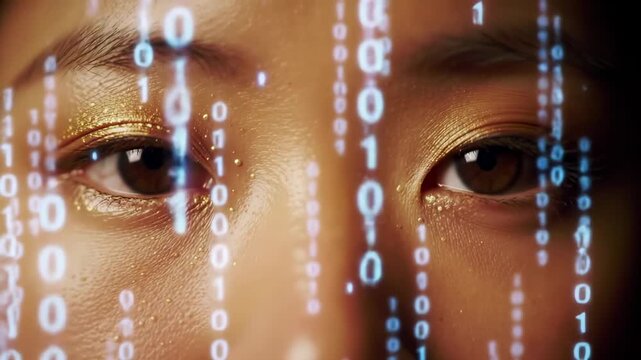 Close-up of eyes, golden makeup, binary code cascading down