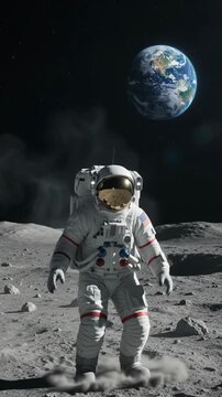 Astronaut jumping in low gravity on the moon. Vertical video