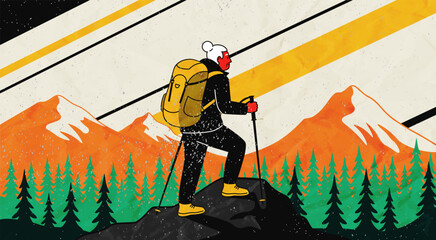 Elderly woman with hikes with a backpack and poles, set against a backdrop of snow capped mountains and pine trees. Hiker stands triumphantly on a mountain peak. Senior vacation concept. © AnnaPa