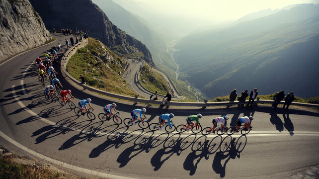 Epic cycling peloton racing through steep mountain roads with fans