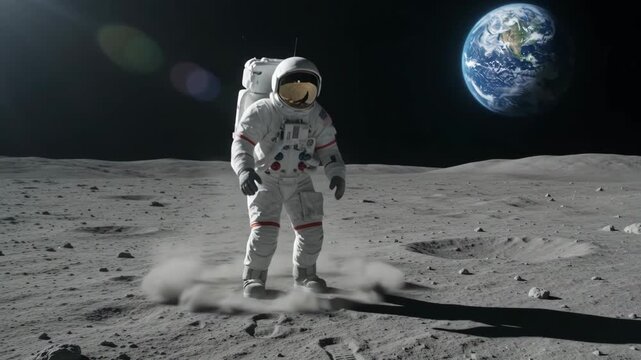 Astronaut in spacesuit jumping in low gravity on the lunar surface with the planet Earth visible in the background