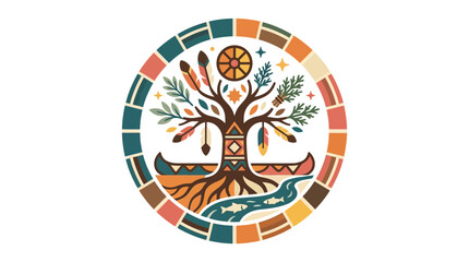 Obraz premium Indigenous Culture Tree Symbol with Canoe and River Illustration
