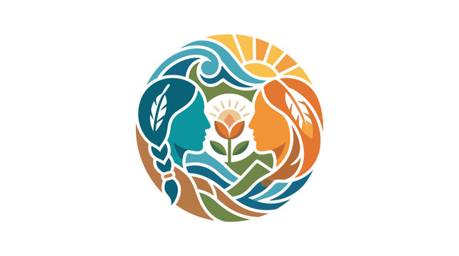 Indigenous Women Profiles Circle Logo with Nature Elements and Floral Symbol