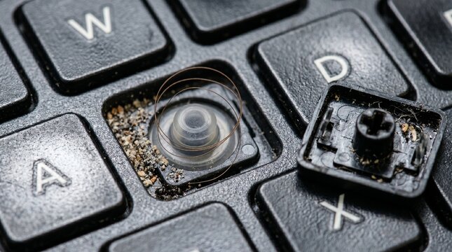 Close up of dirty keyboard keys with removed and damaged keycaps showing electronic components and dust underneath