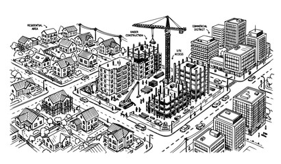Fototapeta premium Urban construction and city buildings sketch vector illustration