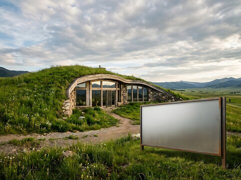 Sustainable Modern Earth-Sheltered Home with Grass Roof and Large Windows