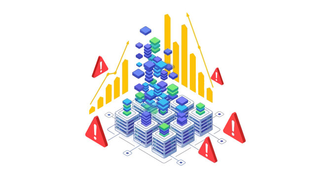 3D isometric cubes with warning signs.