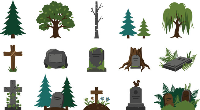 Cemetery Nature Elements Collection with Graveyard Trees Tombstones Crosses Forest Plants and Burial Landscape Vector Set