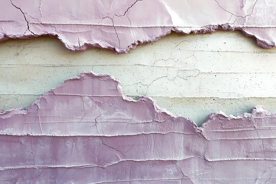 Close-up of torn pastel pink and cream painted wooden surface with peeling paint and cracks