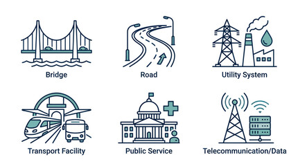Naklejka premium Infrastructure Icons: Bridge, Road, Utility, Transport, Public Service, Telecom