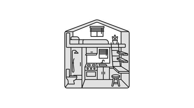 Compact tiny house interior cross-section line icon.
