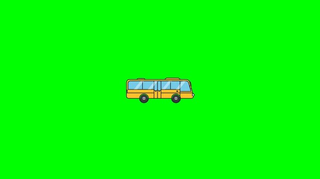 Animated cartoon yellow bus moving across a solid green screen background