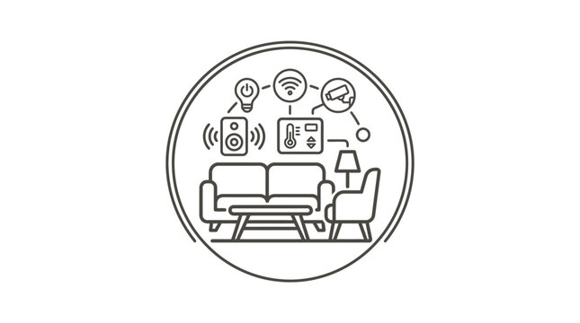Smart living room with integrated automation system line icon