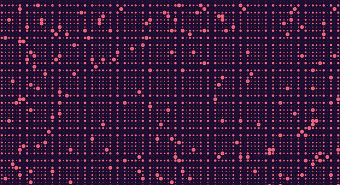 Abstract digital pixel dot matrix background. dark space, scattered red glowing squares, fading grid nodes. for hacker system error screens, retro gaming layouts. seamless vector graphic art.