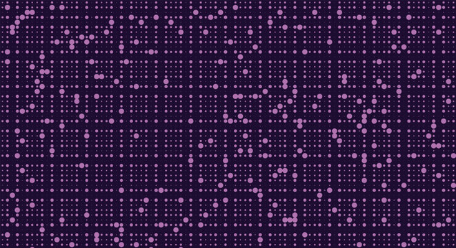 Abstract digital pixel matrix background. dark purple space, scattered violet dots, fading grid. for sci-fi network screens, modern cyberpunk tech posters. minimal vector texture art.
