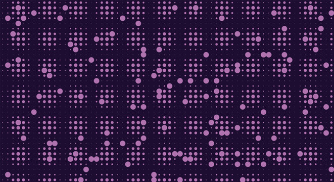 Abstract digital dot glitch background. dark purple space, scattered glowing violet nodes, data grid. for futuristic network screen displays, cyber sci-fi layouts. tech vector wallpaper.