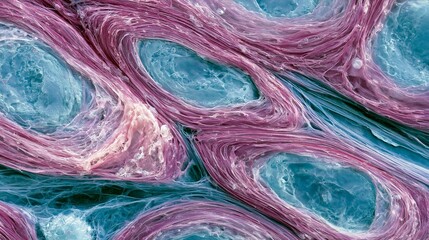 Obraz premium Medium shot of dense connective tissue cross section highlighting layered collagen fibers and fibroblasts under subtle staining cooltoned clinical microscope perspective.
