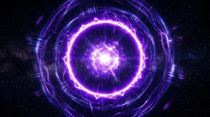 Fototapeta premium Radiant purple energy explosion forming a glowing circular shockwave against a dark deep space background filled with distant stars captured in this vibrant digital art illustration