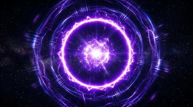 Radiant purple energy explosion forming a glowing circular shockwave against a dark deep space background filled with distant stars captured in this vibrant digital art illustration
