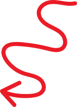 Red curved arrow pointing downwards isolated on transparent background