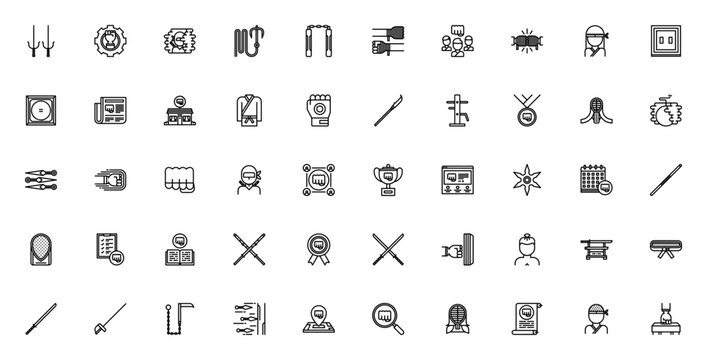 Martial Arts icon pack. Minimal line icons set. Vector illustration. Featuring punch, ninja, katana, sumo, kendo, sword, shuriken, helmet, nunchaku, trident, fighter, belt, medal, and more.