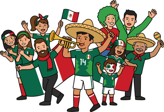 Happy mexican people celebrating with flags and musical instruments together outdoors