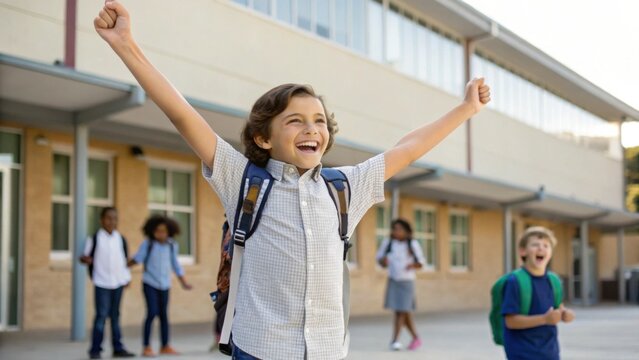 A joyful boy with a backpack raises his arms in excitement in a school courtyard, with other children and a school building in the background.