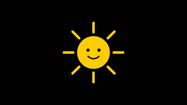 Cheerful cartoon sun with smile and rays on black background