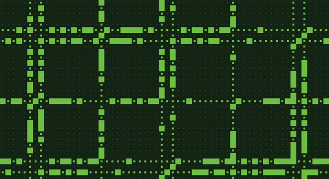 Cyber technology thin pixel grid pattern. dark green background, complex node lines, glitch squares. for futuristic data visualization, matrix coding stream layouts. abstract vector art.