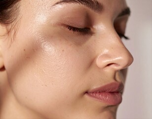 Fototapeta premium Woman face profile dewy glowing skin close up natural beauty portrait