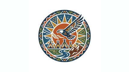 Native American Eagle Emblem with Teepees and Nature Elements © Reyhan Adiwangsa