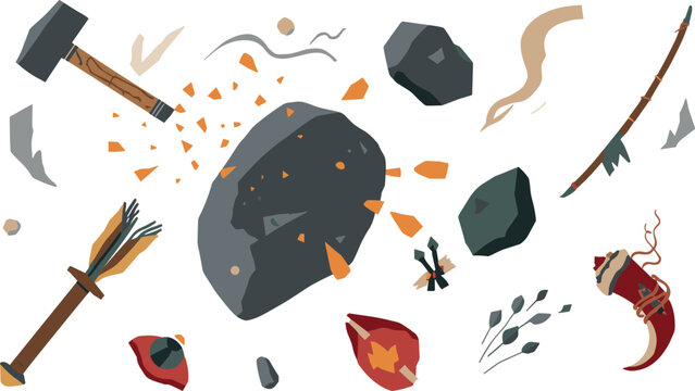 Chaotic Prehistoric Stone Age Vector Illustration Featuring Primitive Hammer Smashing Big Rock Exploding Shards Bow Arrow and Tribal Tool Elements