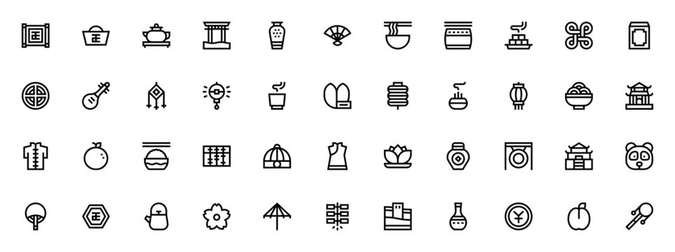 China icon set. Minimal vector icons. Chinese culture icon pack. Featuring scroll, sycee, teapot, fan, noodles, drum, tofu, lotus, panda, lantern, firecrackers, great wall, and more. Editable vector s