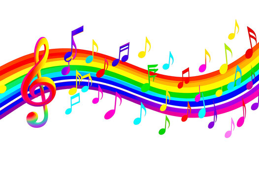 Vibrant colorful sound wave with scattered music symbols and clef