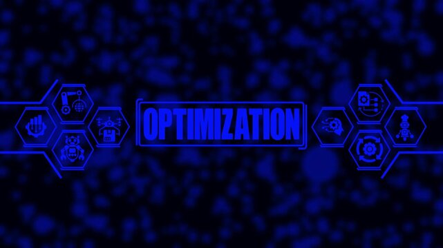 Digital optimization concept with futuristic hud interface and robotic automation blue cybernetic background, for business technology, and artificial intelligence presentations