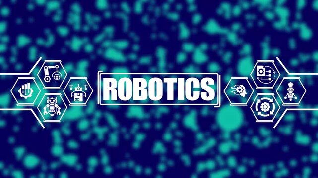 Robotics technology concept with animated digital and futuristic hud interface for industrial automation, artificial intelligence, and smart manufacturing solutions