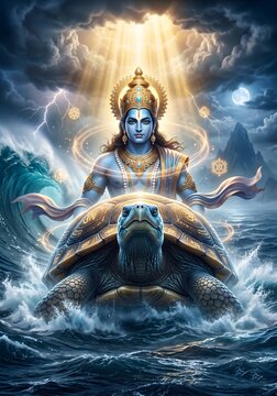 Lord vishnu as kurma avatar rising from the cosmic ocean with divine light