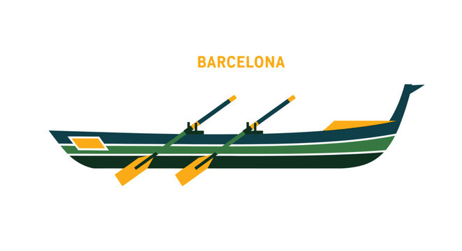Traditional Barcelona Rowing Boat Illustration with Oars Attached.