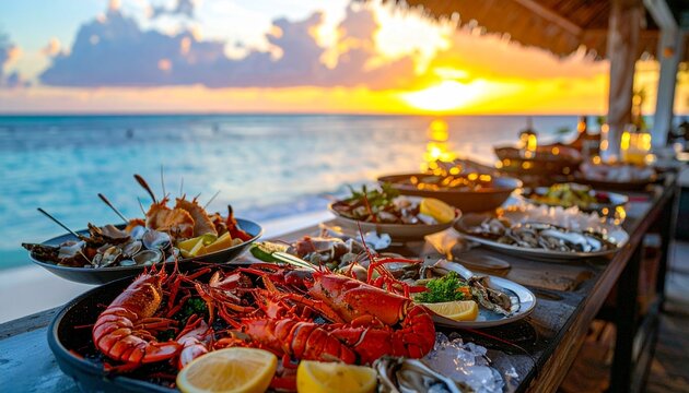 Fresh seafood platters served on a beachside table at sunset
